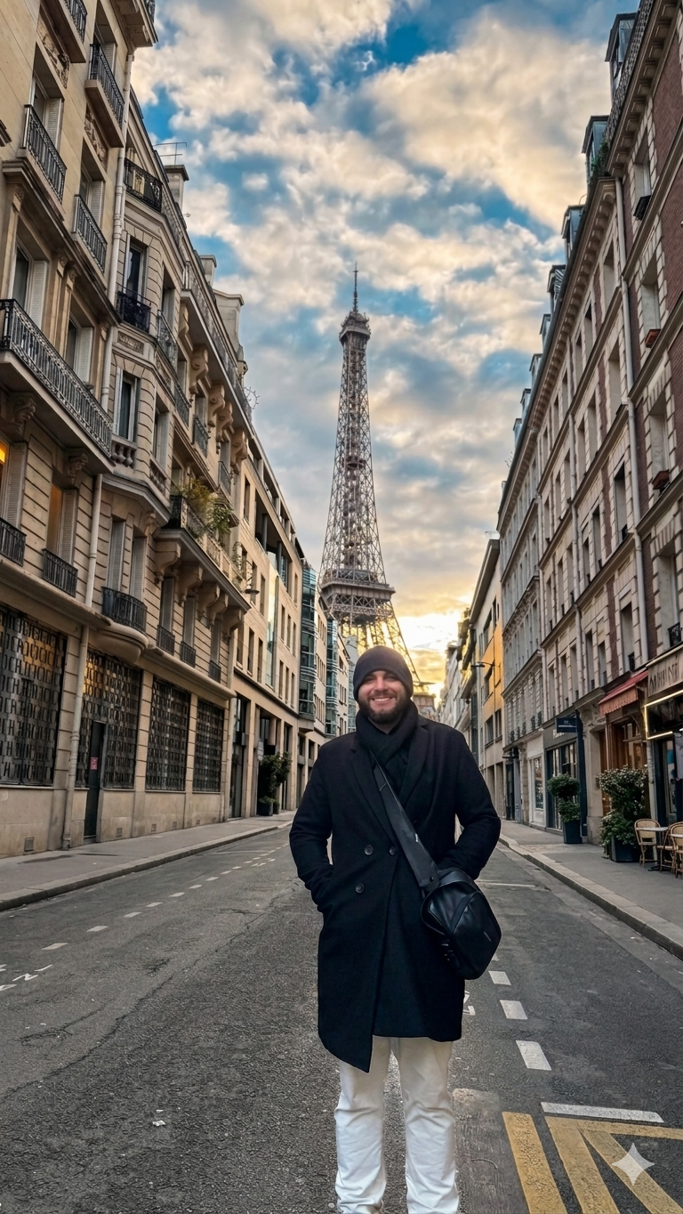 Autor do guia em frente à Torre Eiffel, em Paris