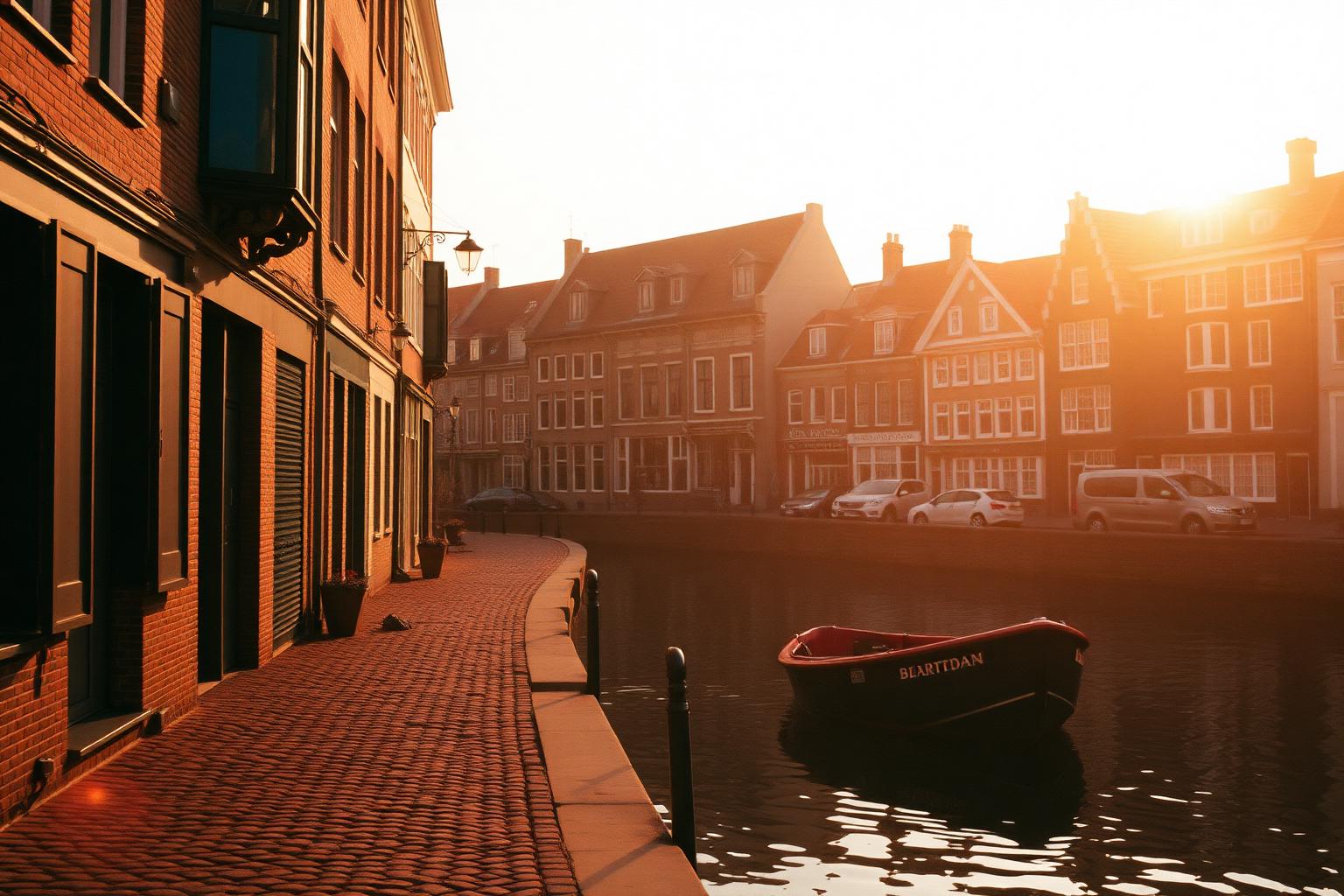 Canal europeu ao pôr do sol com casas históricas